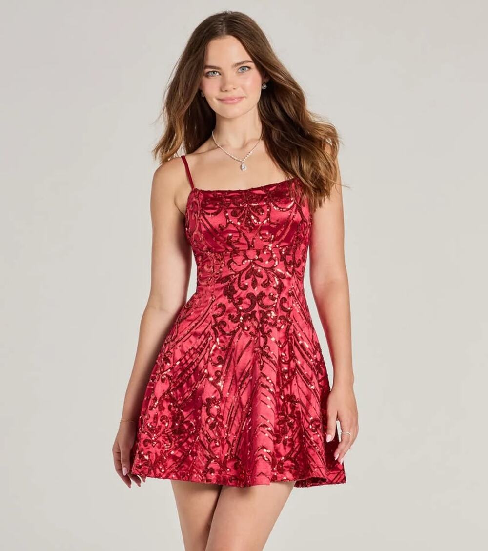 Windsor Red Sequin A Line Lace Up Back Homecoming Dress SMALL